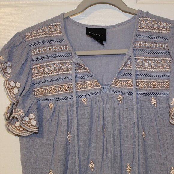 Liv Los Angeles boho blue embroidered v-neck tie closure flutter sleeve‎ top S - Picture 2 of 5